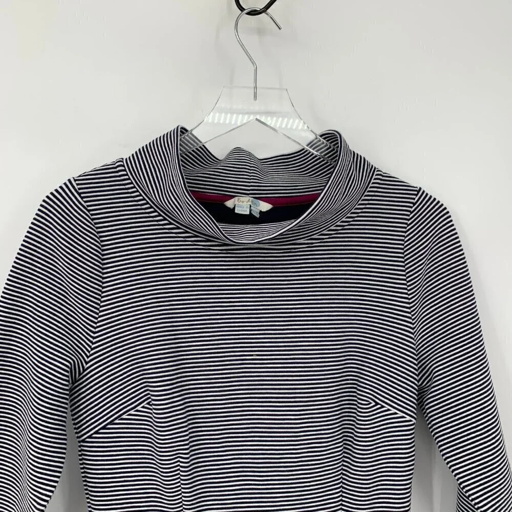 Boden Zoe ponte knit striped shift dress navy blue white stretch funnelneck 6